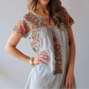 Striped Multicolor Embroidered Mini Dress